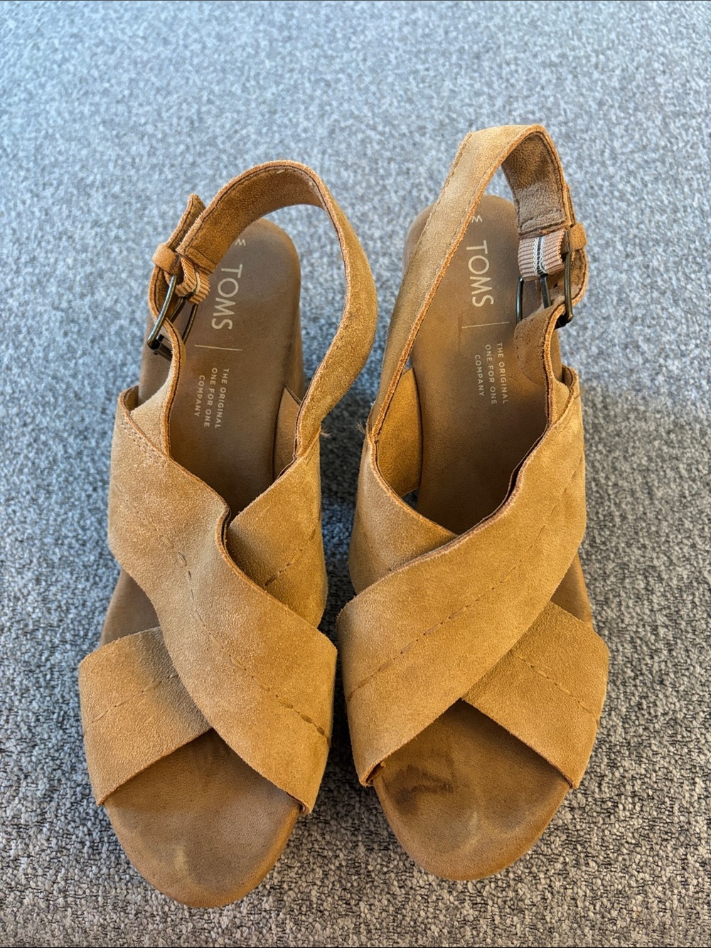 TOMS Tan Suede Crisscross Wedge Sandals Size 8